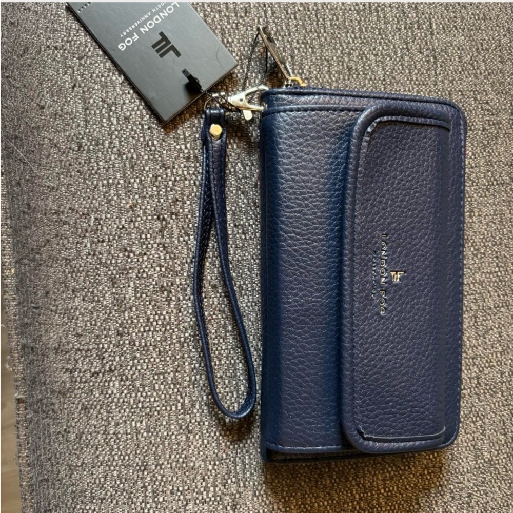 London Fog Dark Blue large wallet- long zipper - wristlet strap 
 Leather like